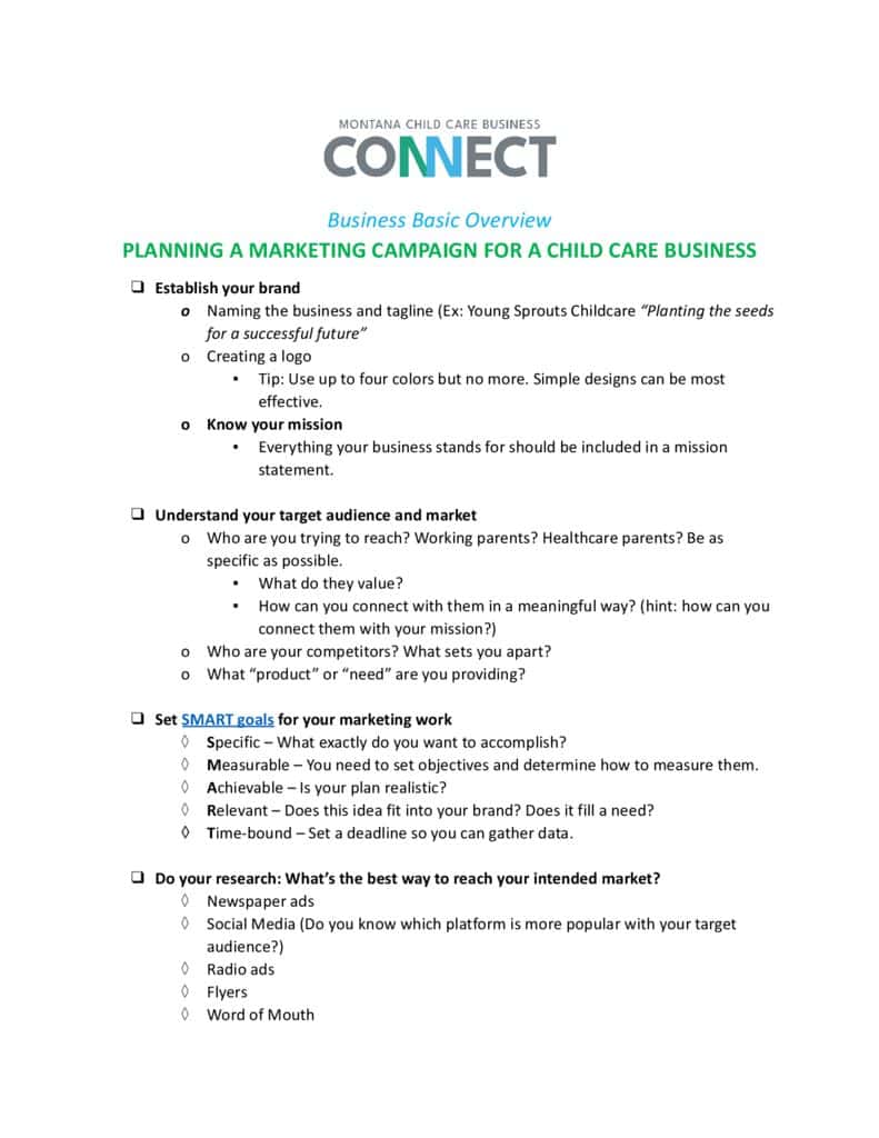 thumbnail of CHILD CARE BUSINESS MARKETING CHECKLIST – potential _ current providers.docx